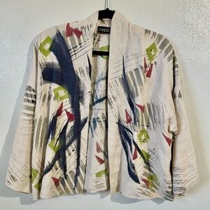 Beppa 100% Linen Cardigan S/M Abstract Print Open Front Lightweight Chic BohoArt